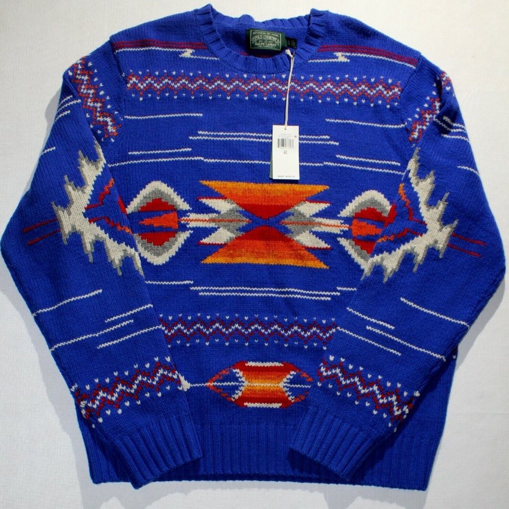 Men's Polo Ralph Lauren Southwestern Print Sweater Sportsman Blue Size XL